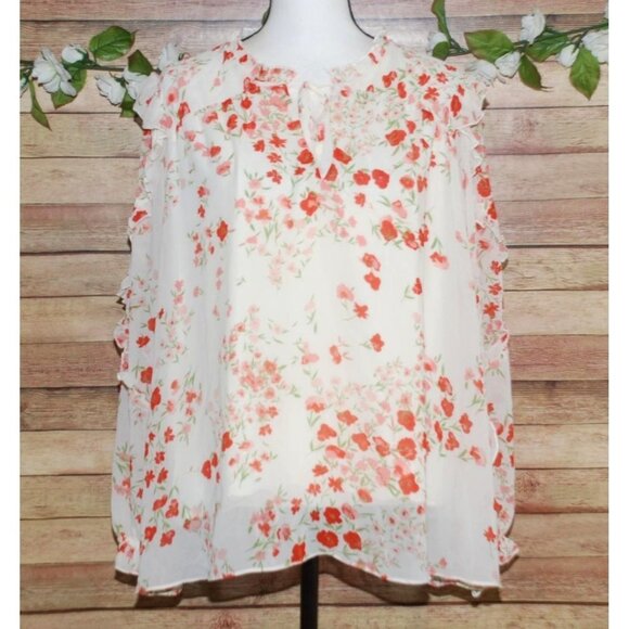 SUGARLIPS Love Bomb Blouse Size 2X Cream Floral Sheer Long Sleeve Ruffles Tie - Picture 2 of 12